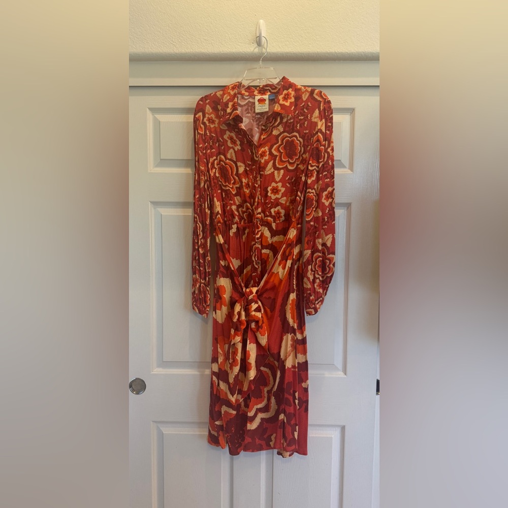 FARM Rio Orange and Red Plunge Neck Sundress
